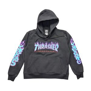 Y2K Thrasher Flame Logo Hoodie Black Size L Skater Streetwear Flames Graphic